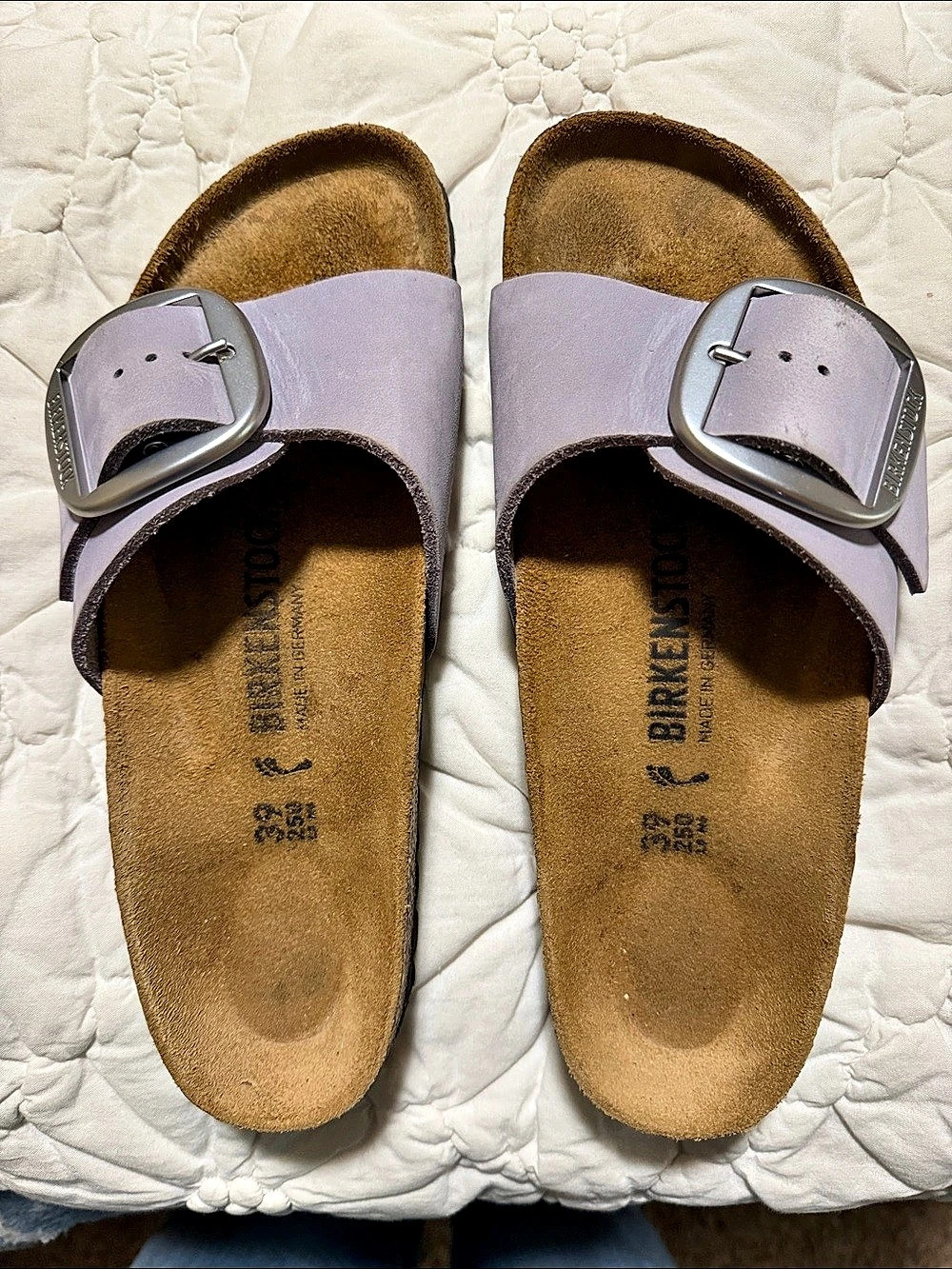 Birkenstock Madrid Big Buckle Sandals Purple EU 39; right shoe leather has a cou